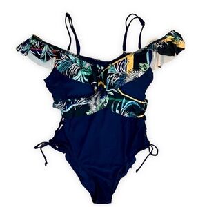 NWOT Swimsuit XOXO 1 PC Navy Tropical Print Ruffle Trim Off Shoulder Mallot L